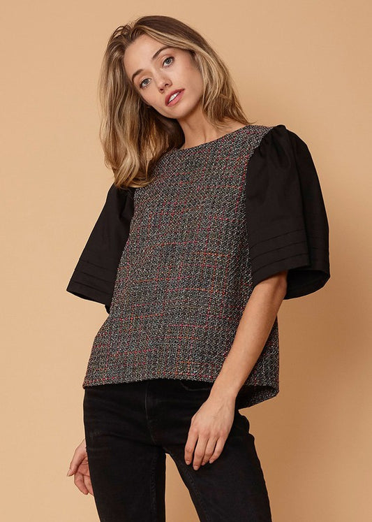 NURODE PLEATED SLEEVE RIBBON TOP