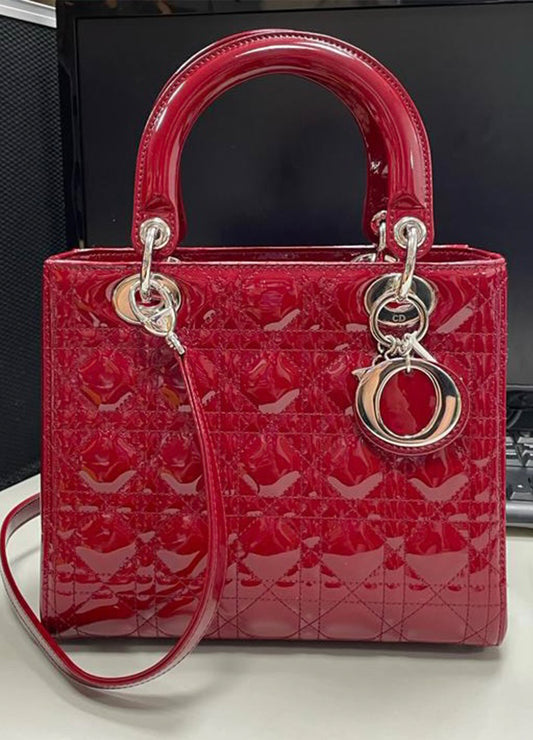 *Authentic* DIOR: Patent Cannage Medium Lady Dior ~ Red