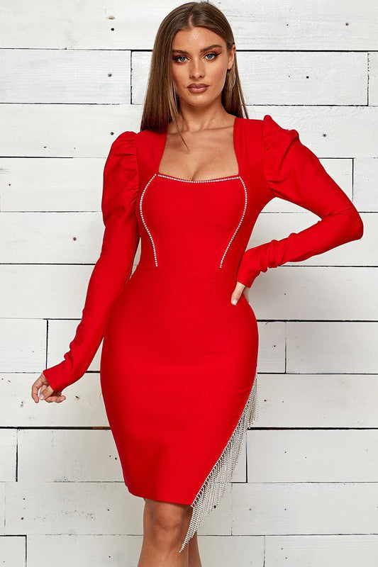 SIDE CUTOUT RHINSTONE TRIM MINI BANDAGE DRESS