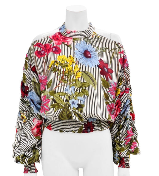 Gathered sleeve cold-shoulder print top