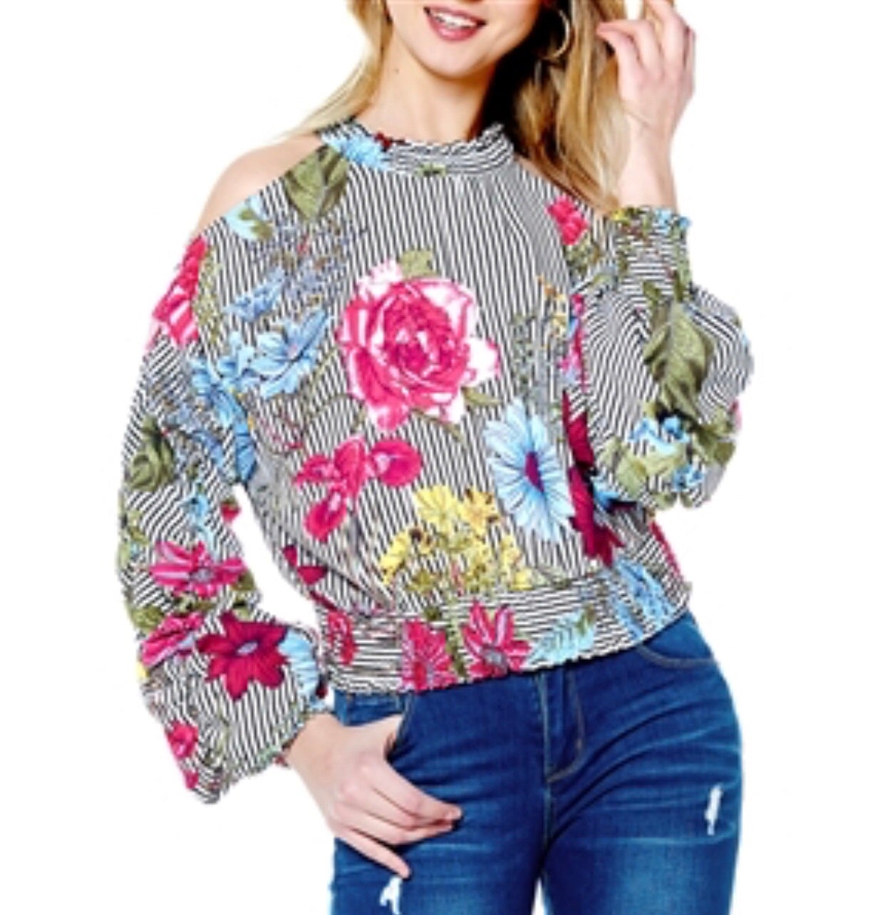 Gathered sleeve cold-shoulder print top